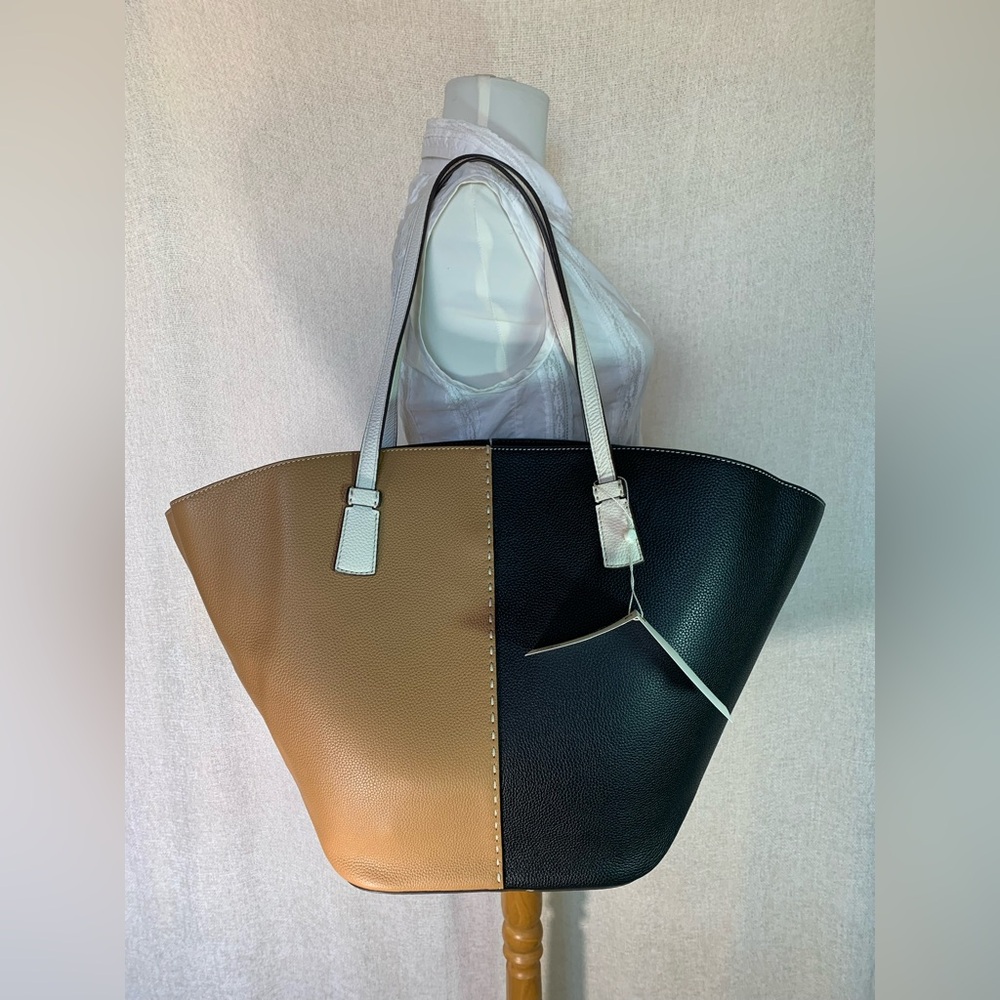 NEW Tory Burch McGraw Tiramisu Tan/Black Color Block Large Leather Tote Bag - Picture 10 of 14